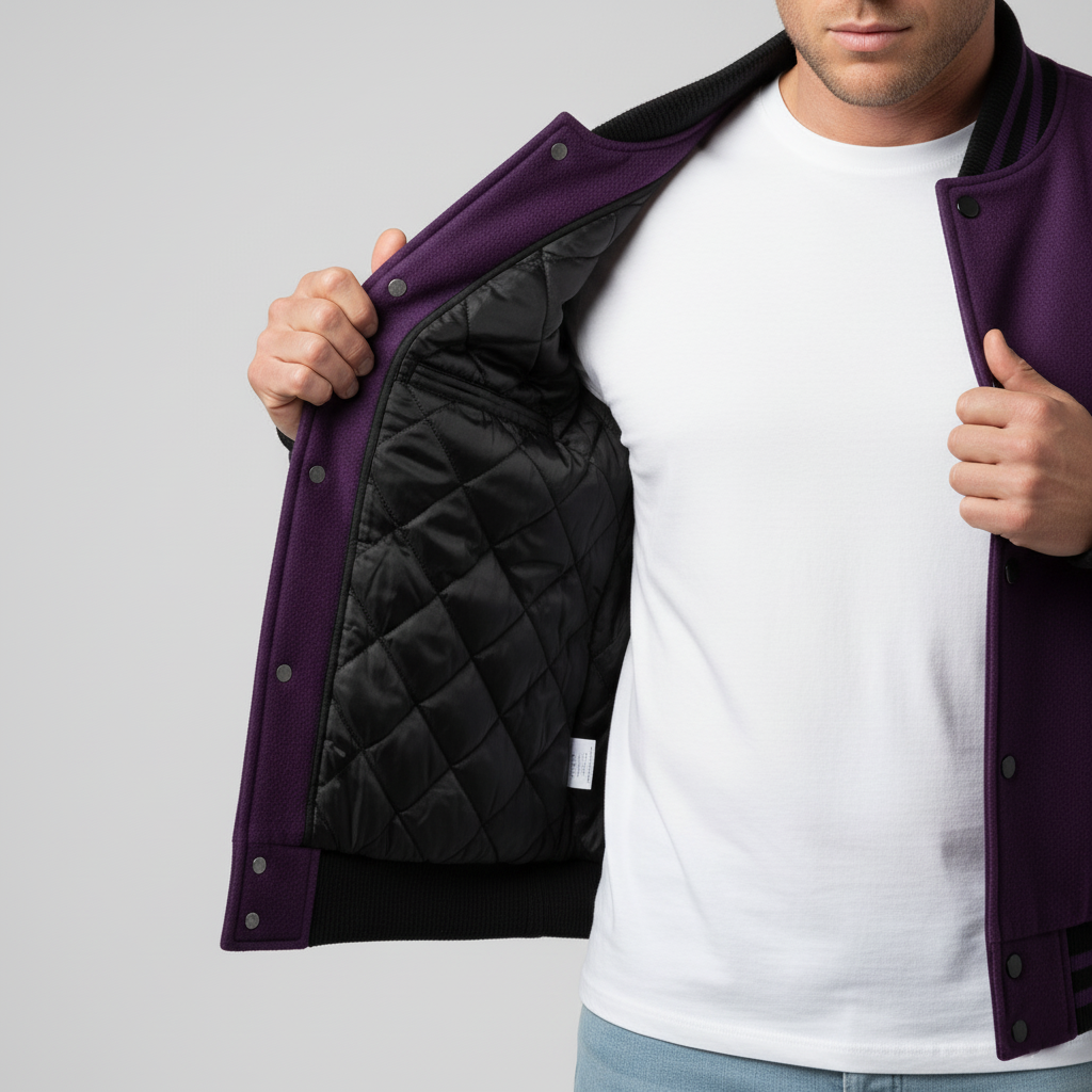 Person wearing a purple jacket with a black quilted interior, white shirt, and light blue jeans on a gray background.