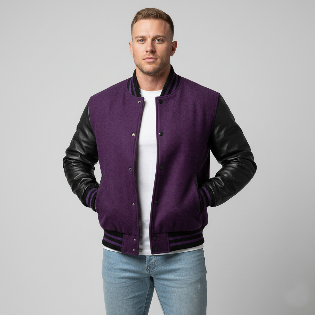 Man wearing a purple varsity jacket with black leather sleeves on a gray background