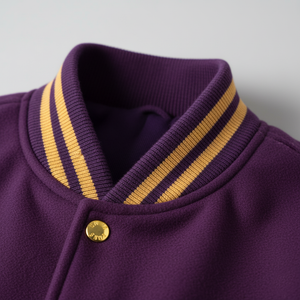 Close-up of a purple sweater with gold stripes and button on a gray background