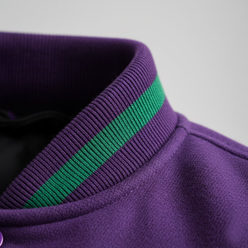 Close-up of a purple garment with green trim on a gray background