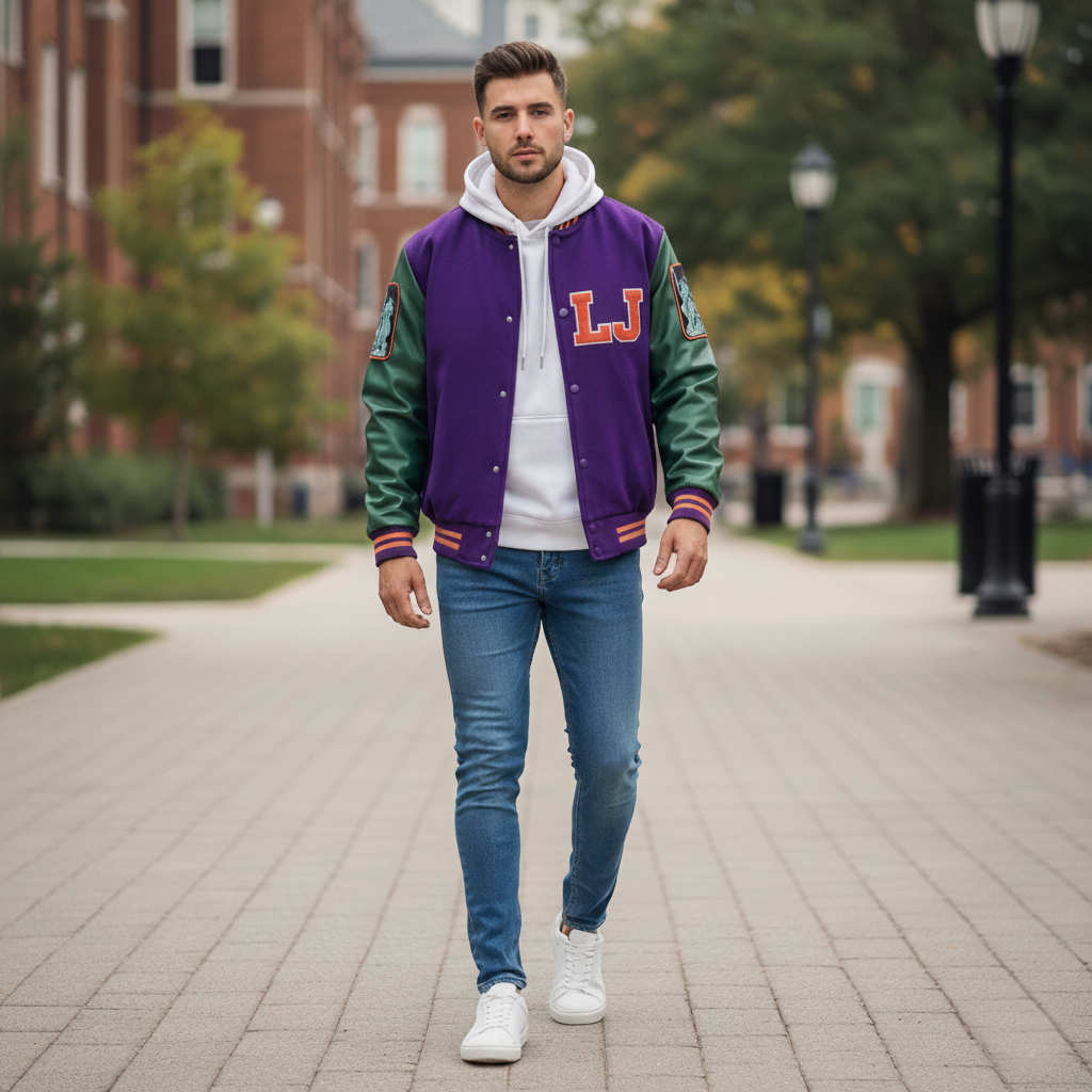 Man wearing a purple and green letterman jacket with 'LJ' on a college campus.