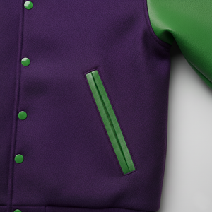 Purple jacket with green buttons and trim on a white background