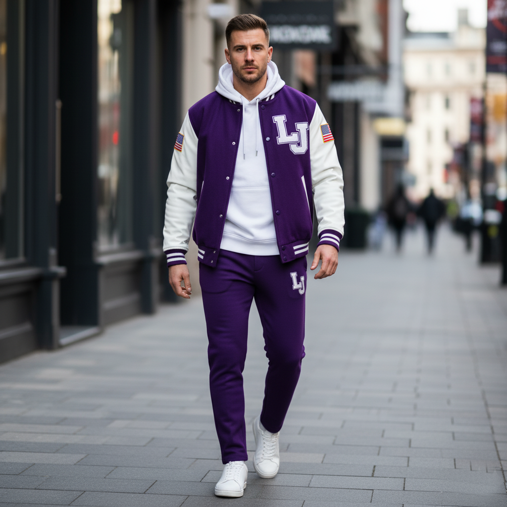 Man wearing a purple and white varsity jacket with 'LJ' branding on a city street.