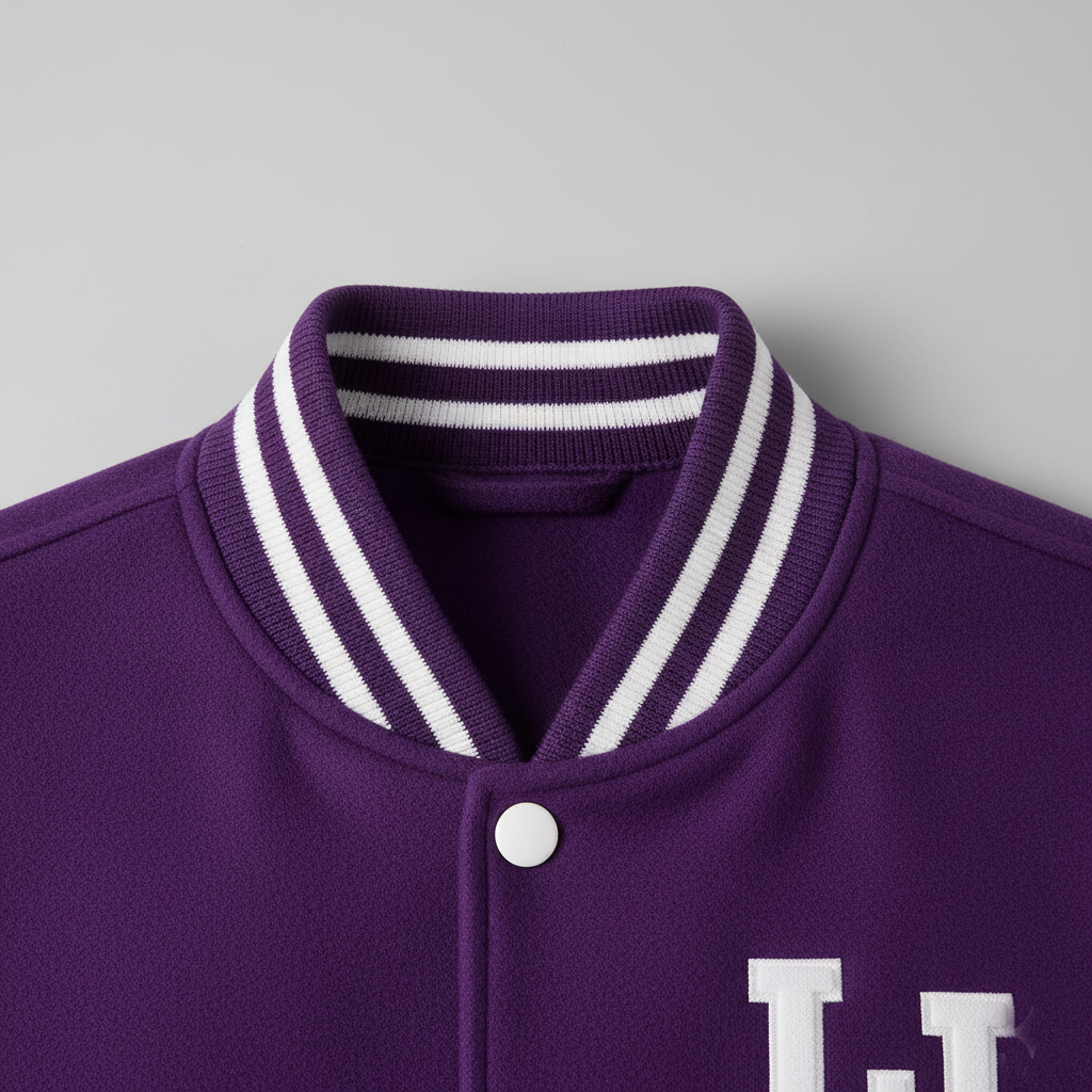 Purple varsity jacket with white trim and lettering on a gray background