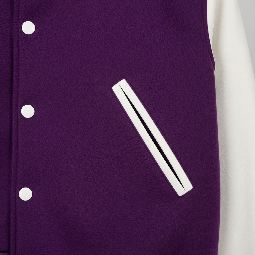 Close-up of a purple varsity jacket with white buttons and a stripe detail.