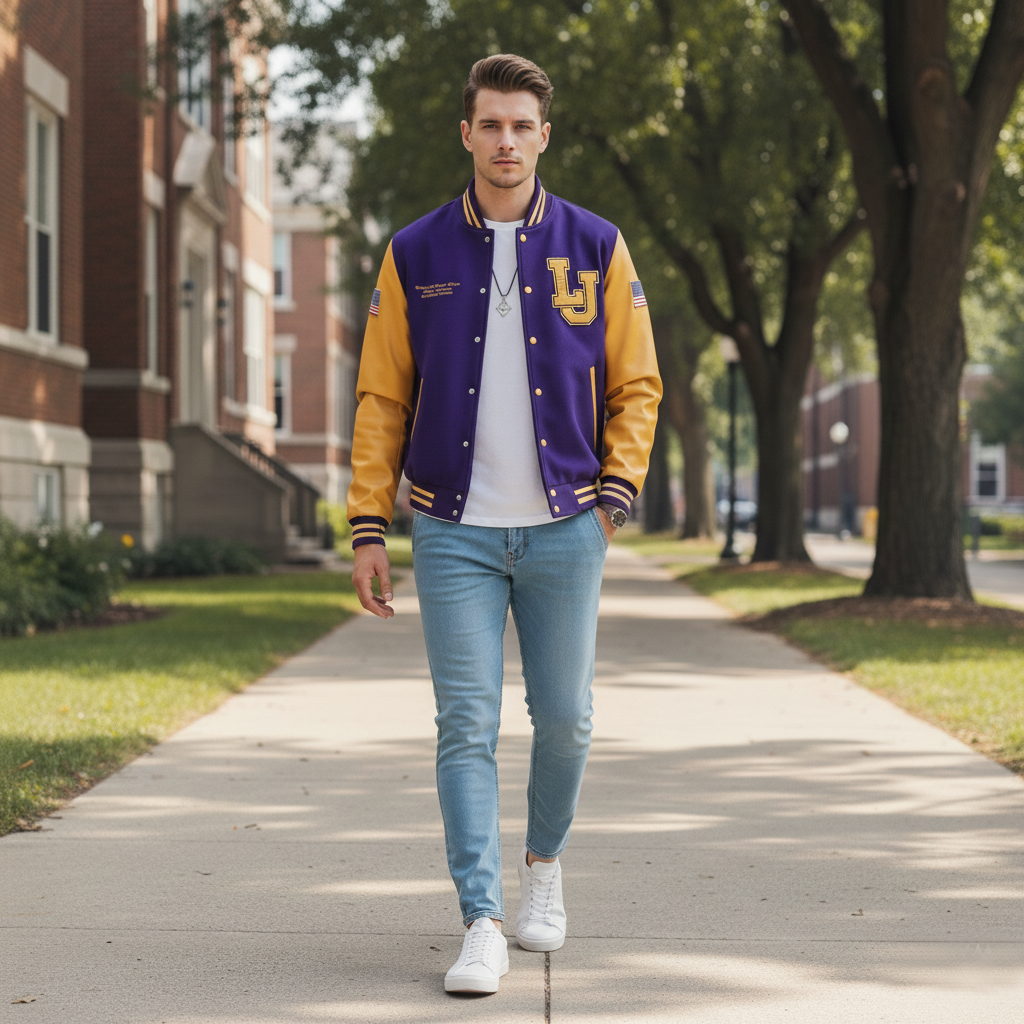 Man wearing a purple and yellow varsity jacket walking on a sidewalk.