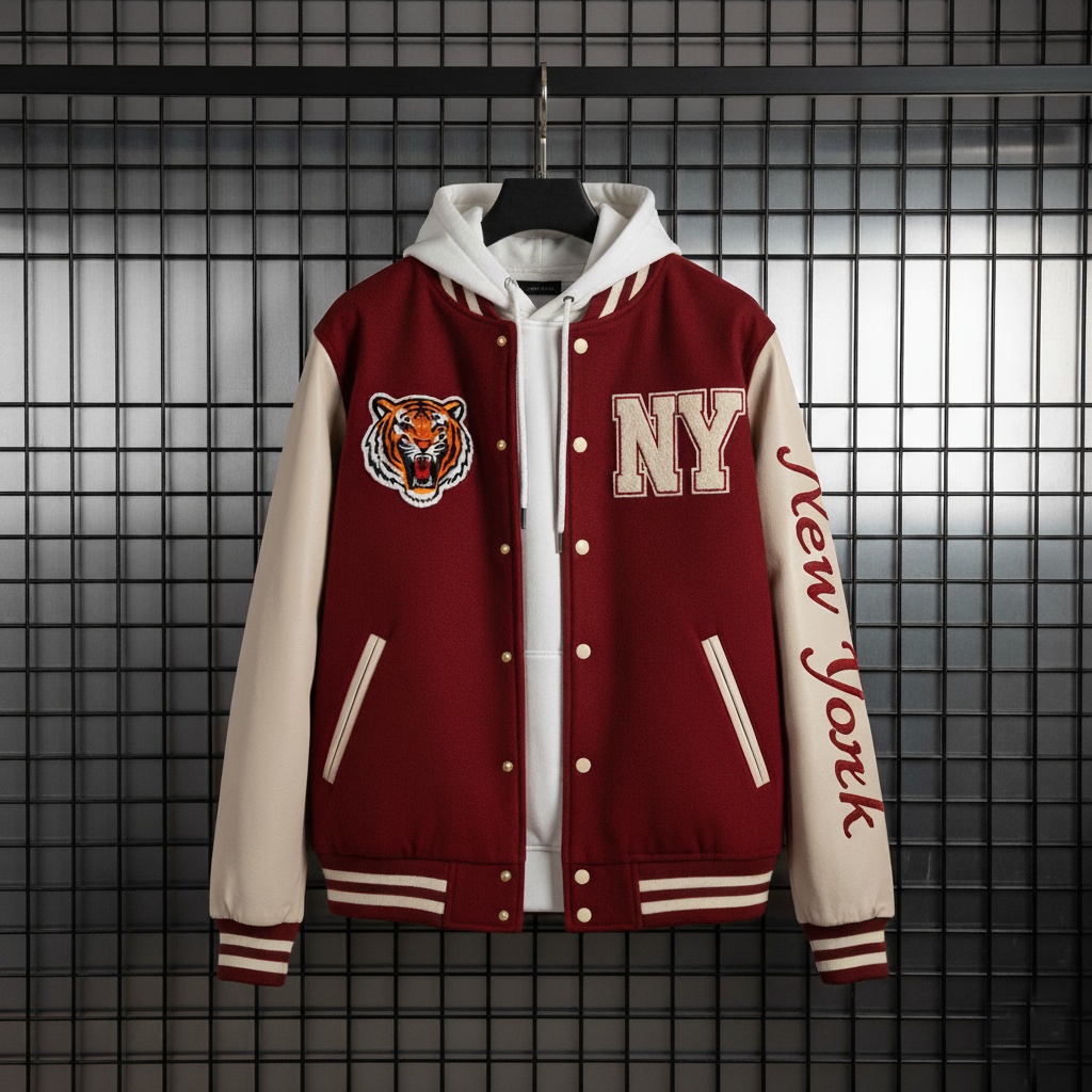 Red and beige varsity jacket with tiger logo and 'NY New York' text on a grid background