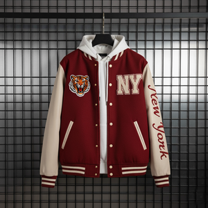 Red and beige varsity jacket with tiger logo and 'NY New York' text on a grid background