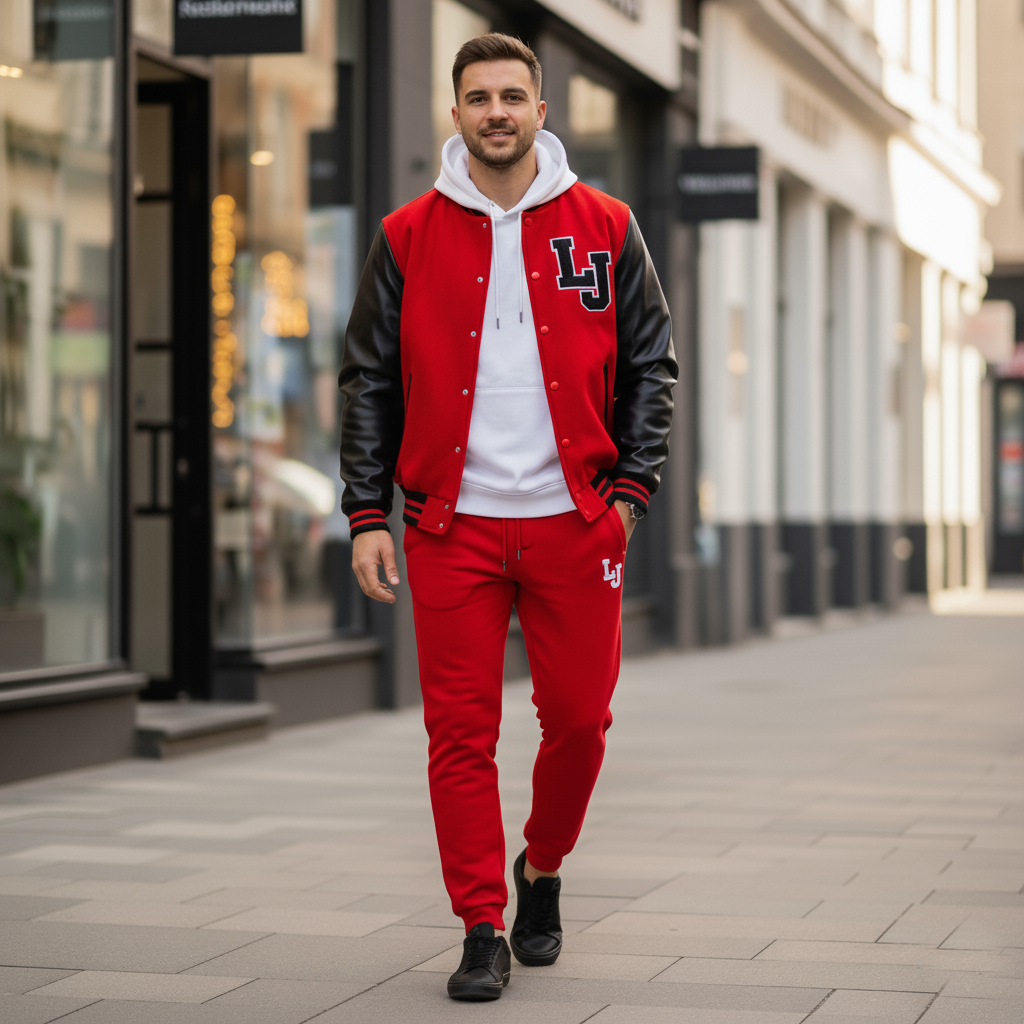 Man wearing a red varsity jacket with black sleeves and 'LJ' logo, standing on a city street.