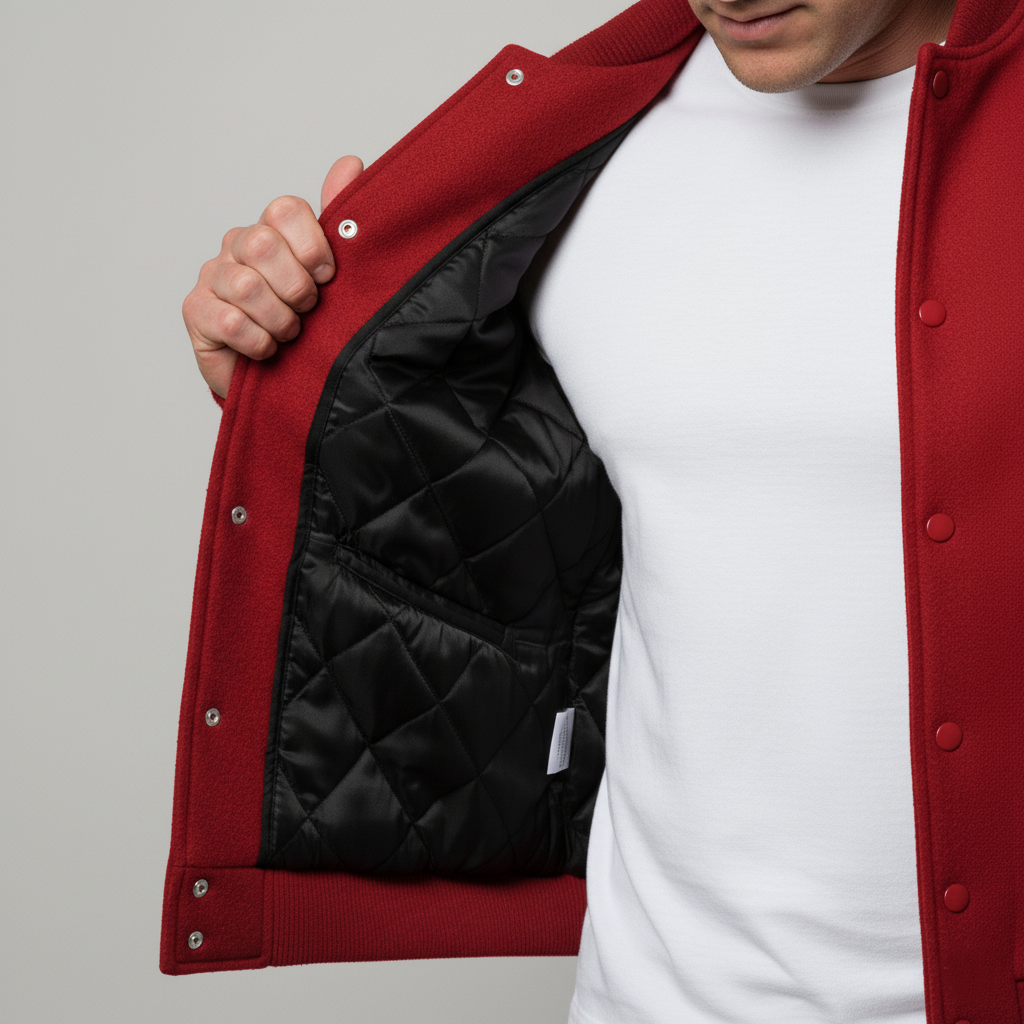 Red jacket with black quilted lining worn by a person on a gray background