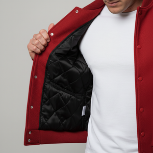 Red jacket with black quilted lining worn by a person on a gray background