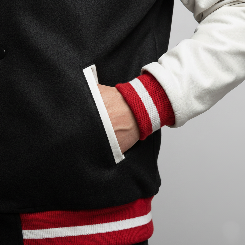 Close-up of a person wearing a black, red, and white jacket with a plain background
