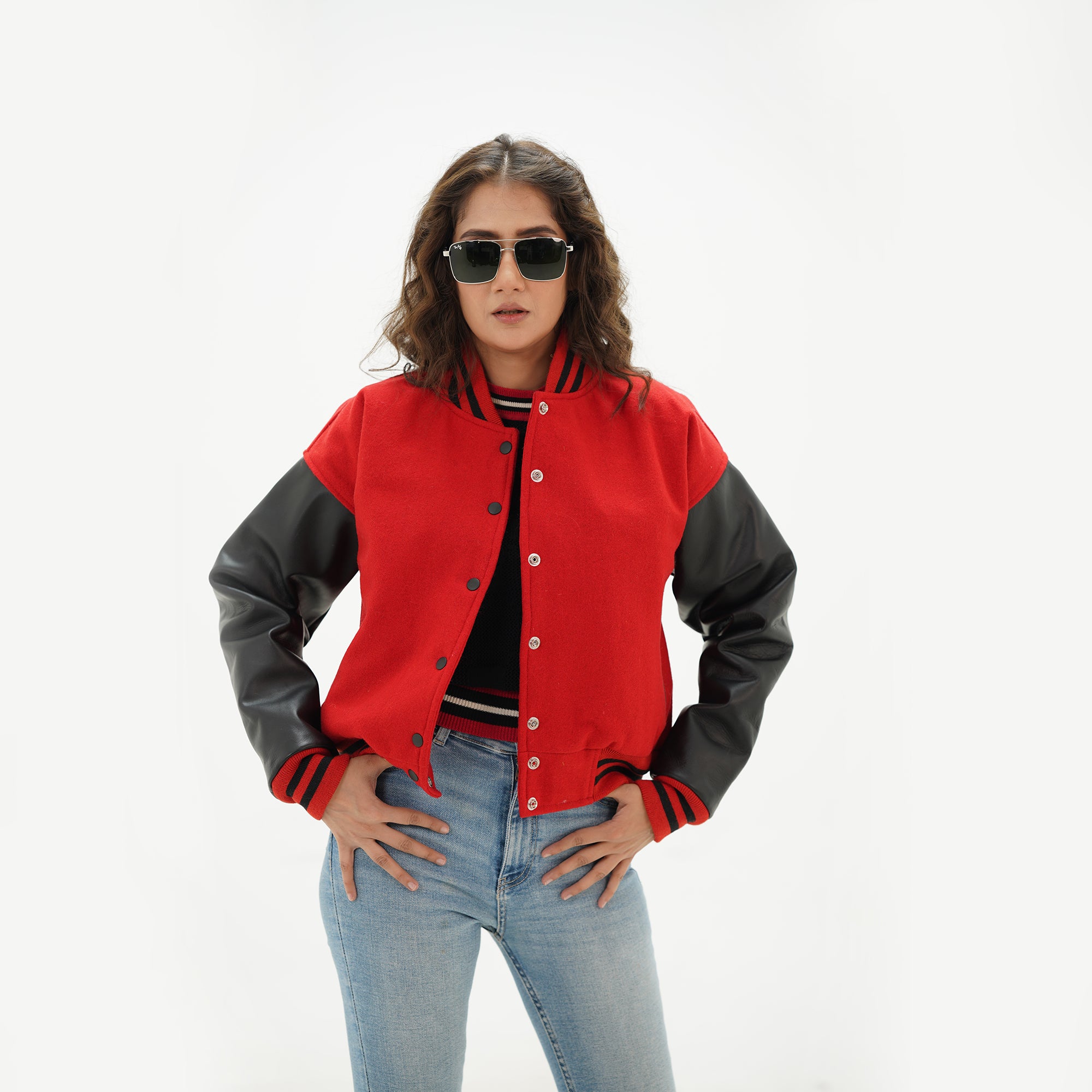 Alternate angle of red and black letterman jacket for women showcasing premium wool-leather construction and ribbed trim details