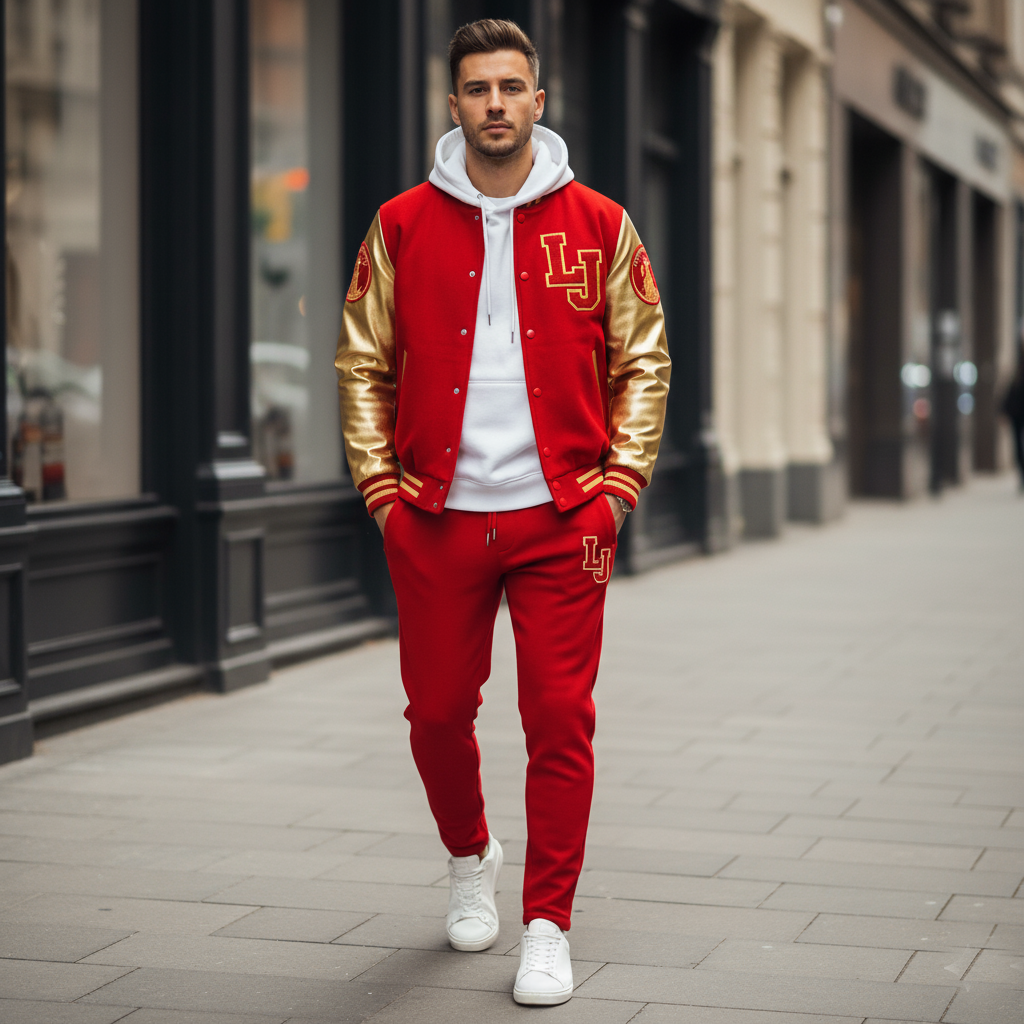 Man wearing a red and gold varsity jacket with 'LJ' logo on a city street.