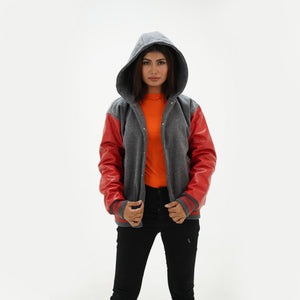 Red and gray varsity jacket ribbed waistband and hem with striped knit trim showing wool to leather construction