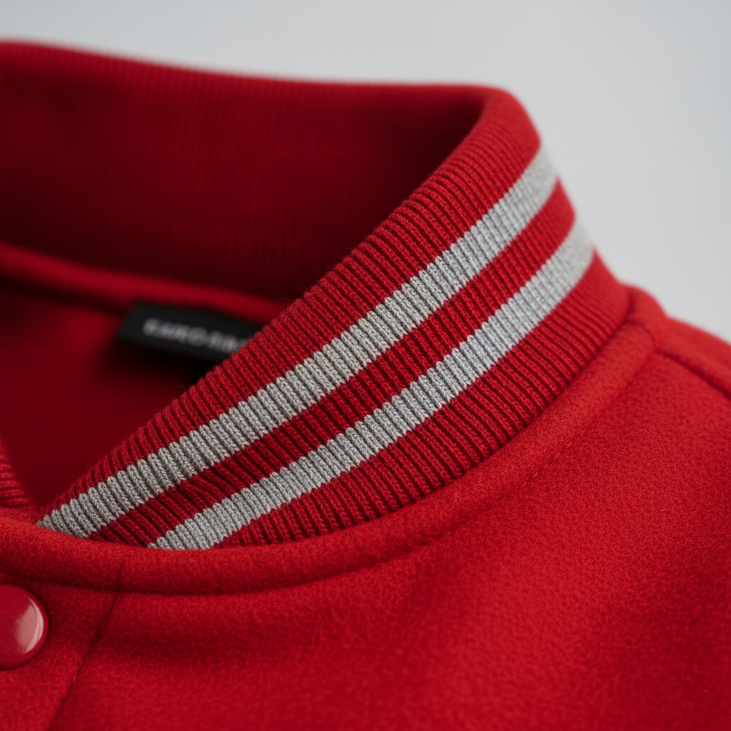 Close-up of a red garment with a striped collar on a light gray background