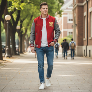 Man wearing a red and gray varsity jacket with a 'NY' logo, walking on a sidewalk.