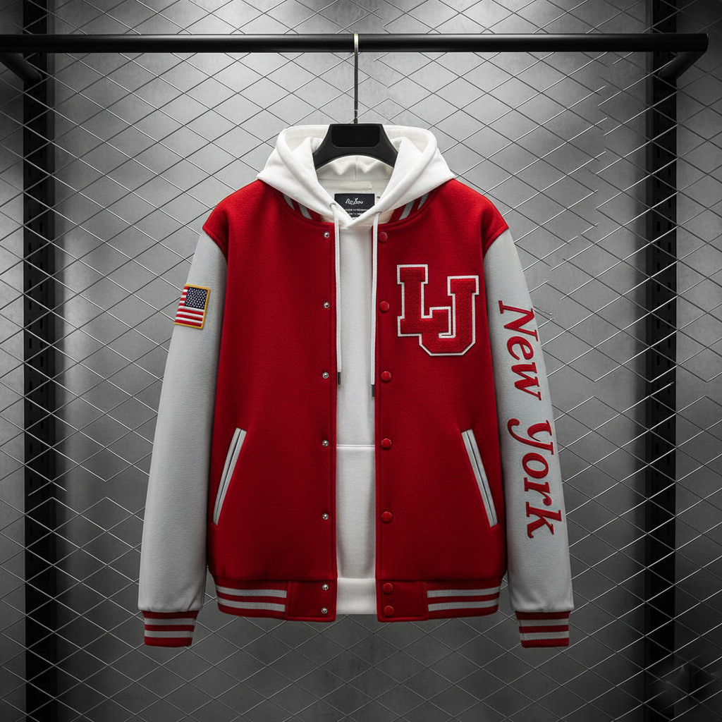 Red and white varsity jacket with 'LJ New York' text on a hanger against a gray background