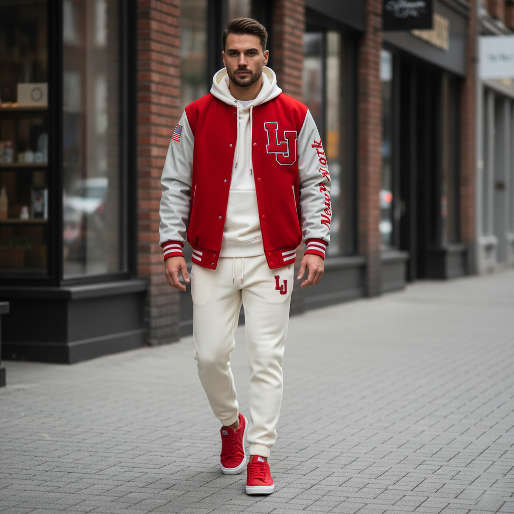 Man wearing a red and gray varsity jacket with 'LJ' on a city street.