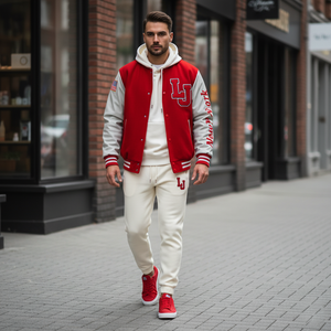 Man wearing a red and gray varsity jacket with 'LJ' on a city street.