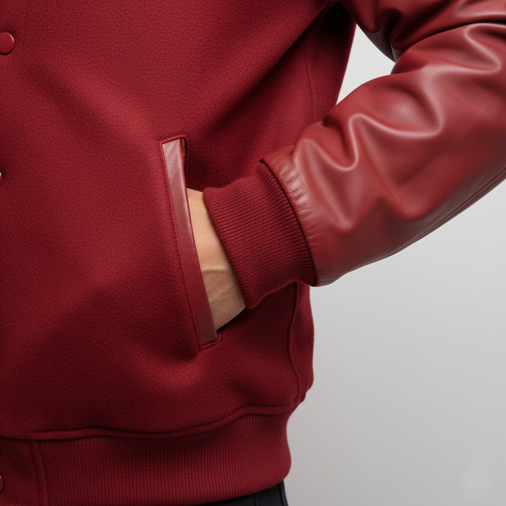 Red jacket with leather sleeves on a gray background 