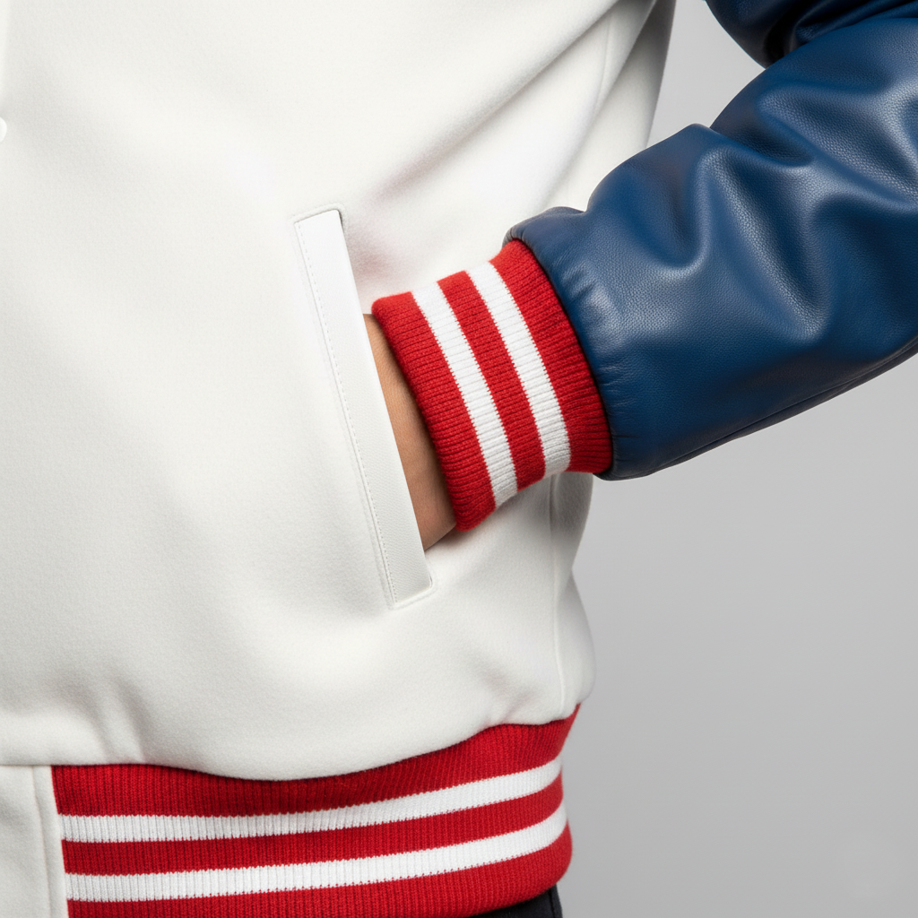 Close-up of a person wearing a white jacket with red and white striped sleeves on a light gray background