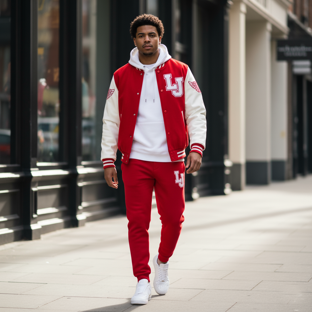 Man wearing a red and white varsity jacket and pants walking on a city street.