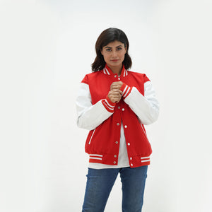 Red and white letterman jacket women side angle - showcasing bold color contrast with white leather arms and ribbed cuffs