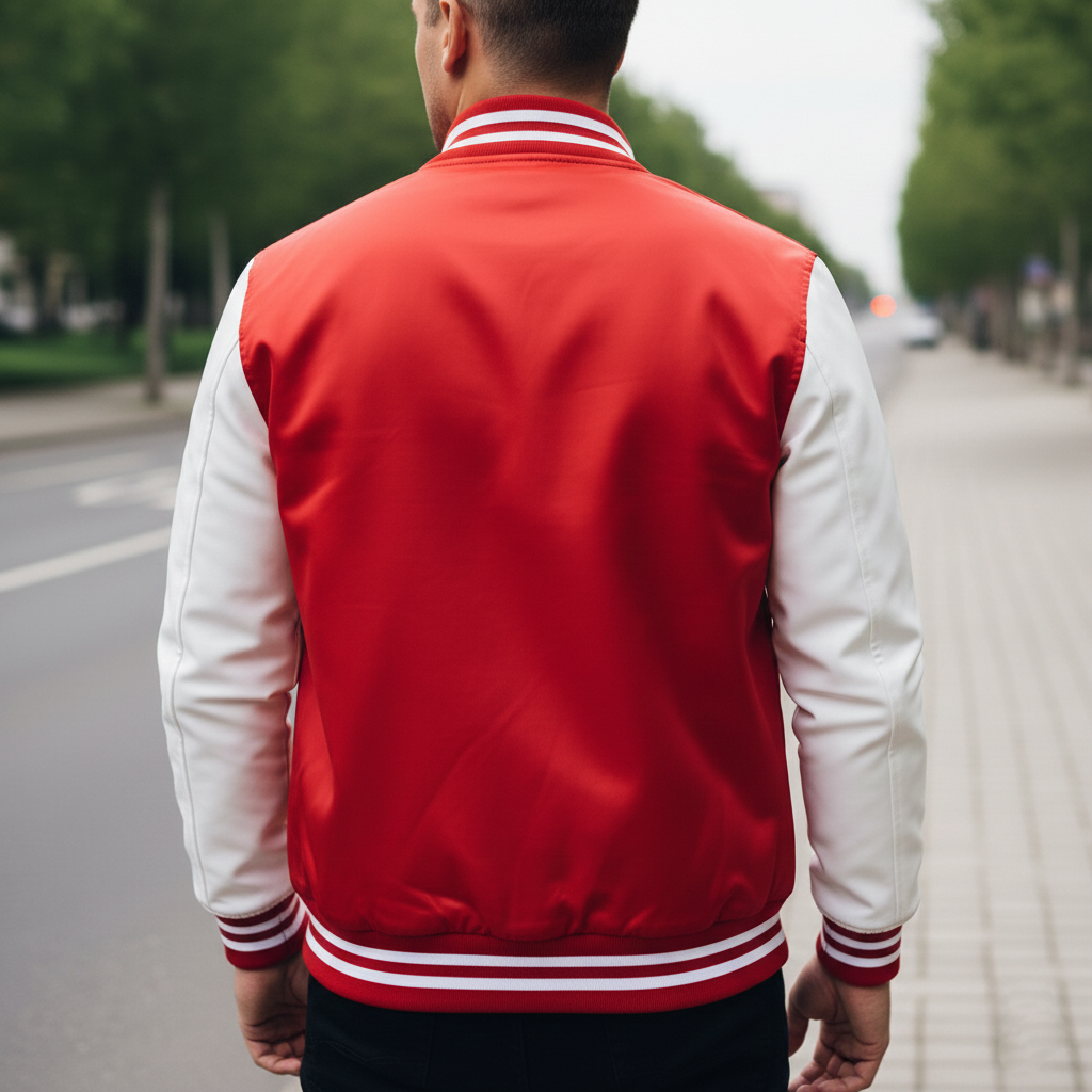 Back view of varsity bomber jacket showcasing premium quality construction and customizable features