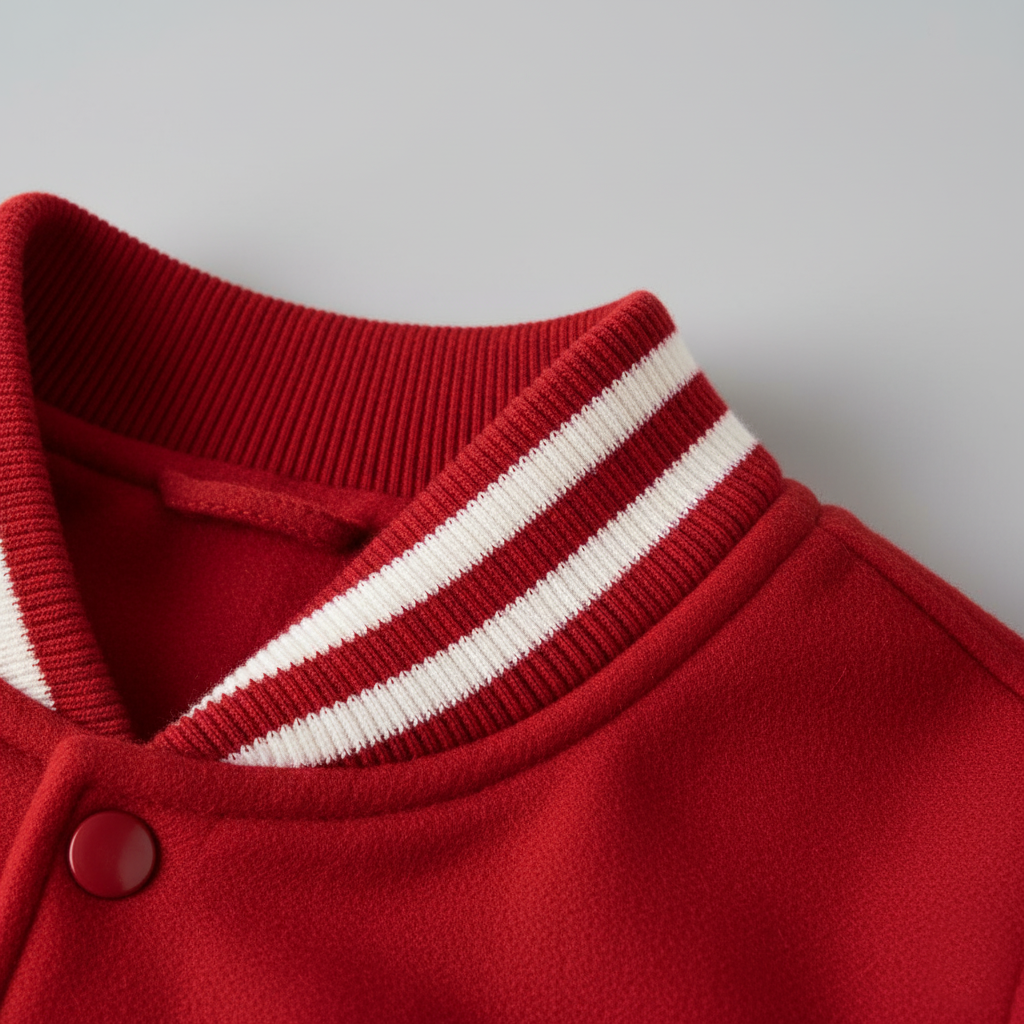 Close-up of a red jacket with a white stripe on the collar against a gray background