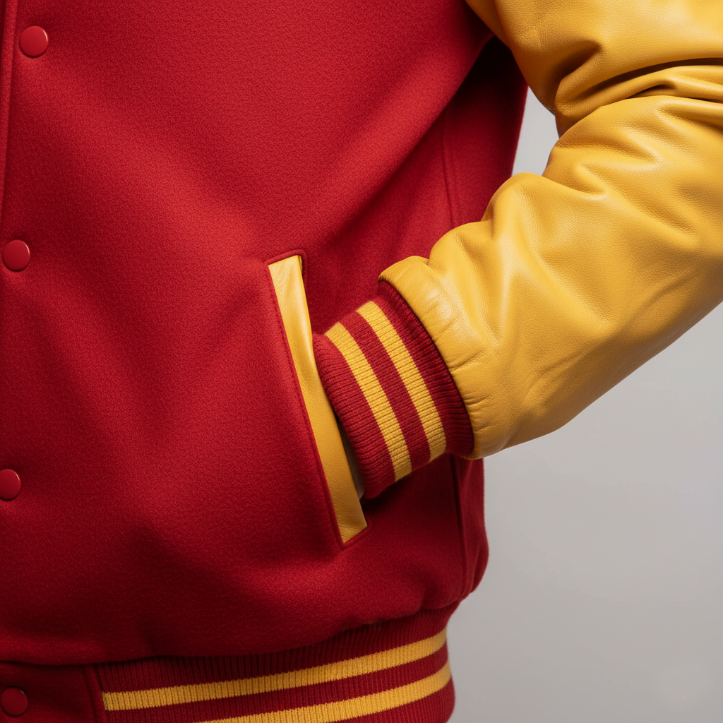 Red and yellow varsity jacket with a gray background