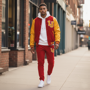 Man wearing a red and yellow varsity jacket with 'LJ' logo walking on a city street.
