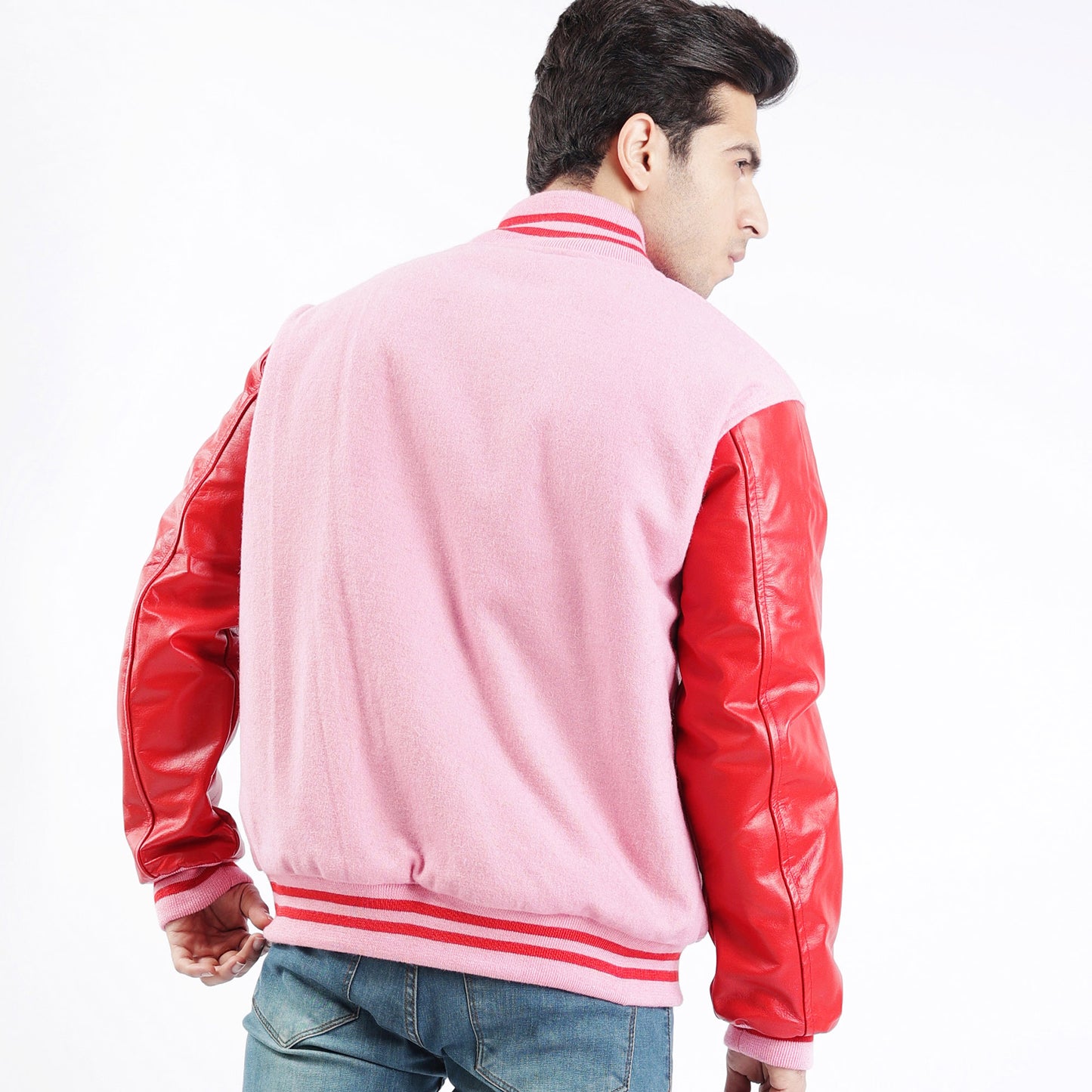 Men's Red And Pink Letterman Jacket Leather Sleeves Wool Body Varsity Jacket