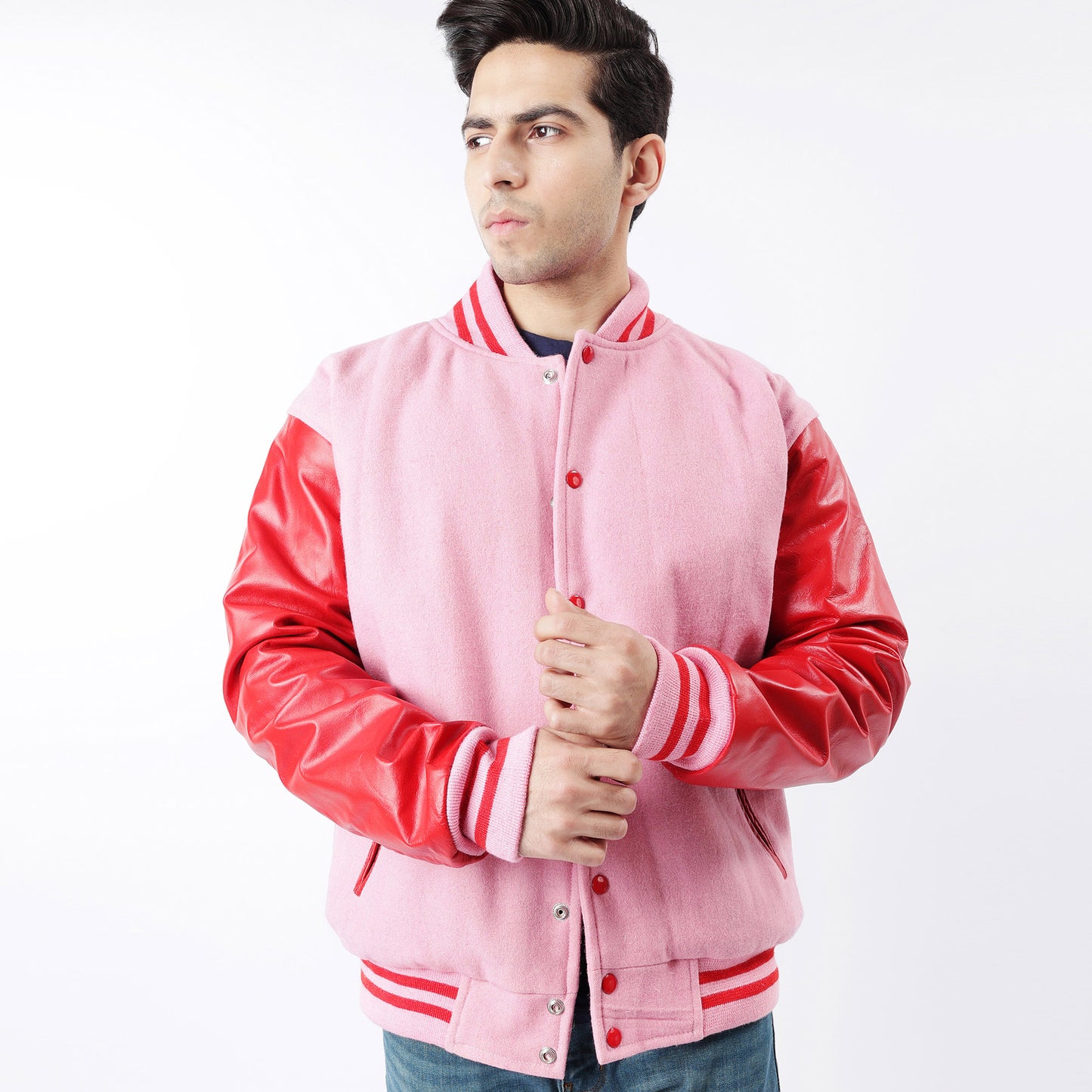 Men's Red And Pink Letterman Jacket Leather Sleeves Wool Body Varsity Jacket