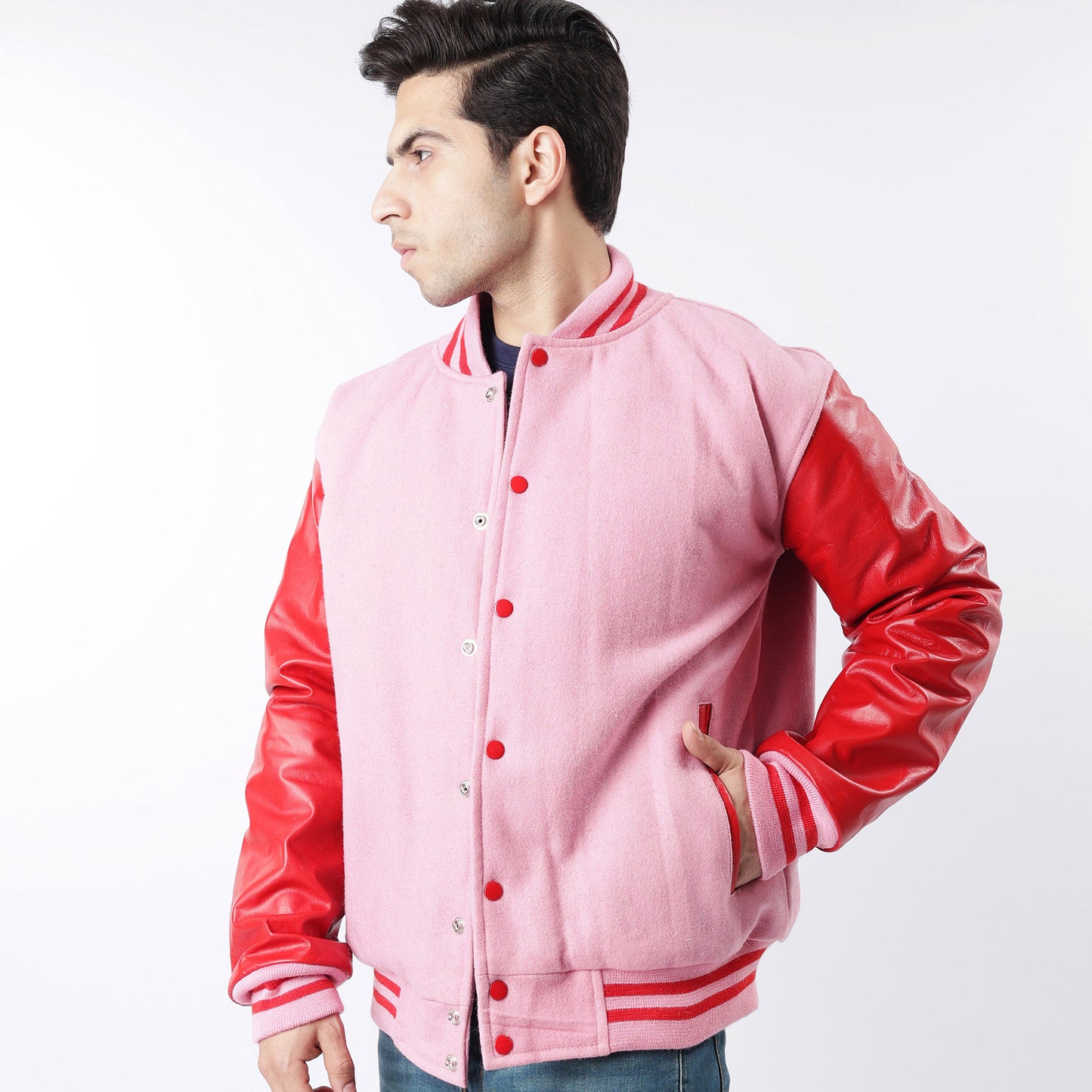 Men's Red And Pink Letterman Jacket Leather Sleeves Wool Body Varsity Jacket