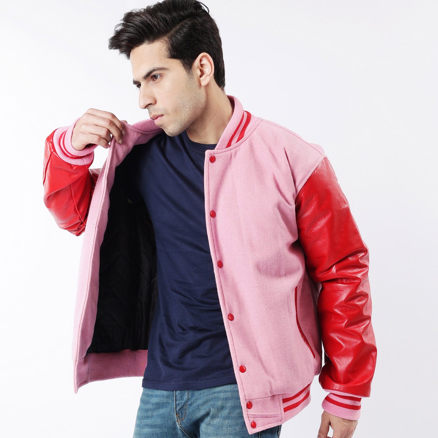 Men's Red And Pink Letterman Jacket Leather Sleeves Wool Body Varsity Jacket