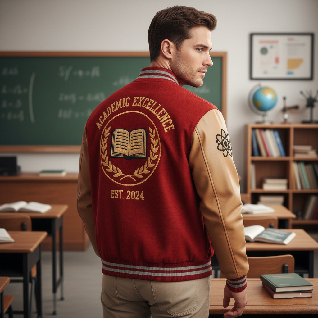 Person wearing a red and beige letterman jacket with 'Academic Excellence' text in a classroom setting.