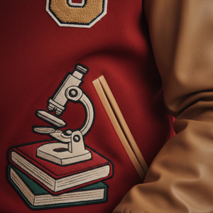 Embroidered design of a microscope on books with a brown leather texture background