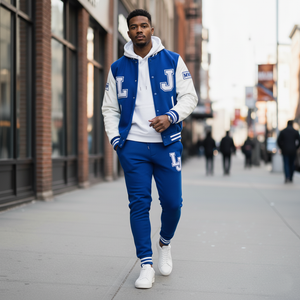 Man wearing a blue and white varsity jacket and pants walking on a city street.
