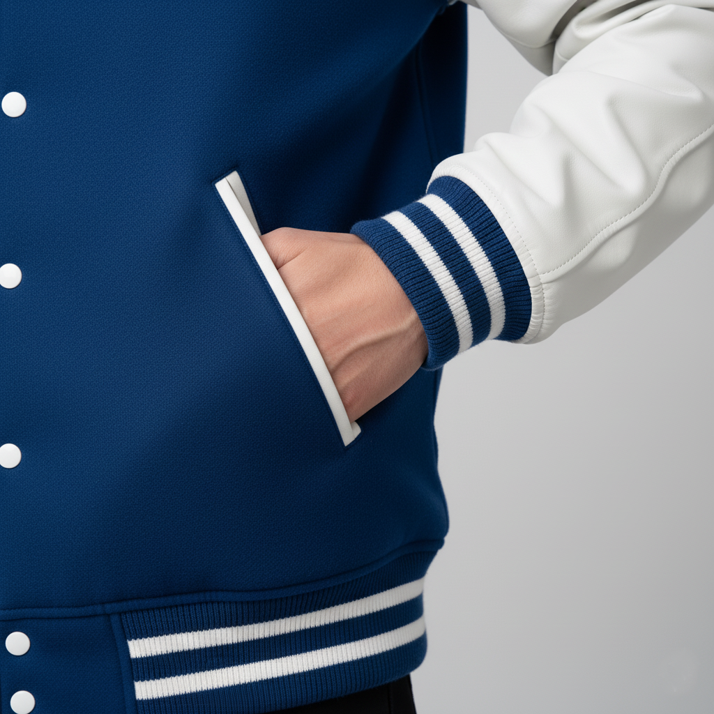 Close-up of a blue varsity jacket with white accents on a gray background