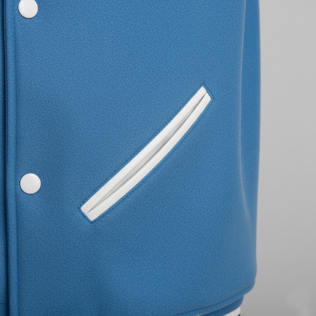 Blue jacket with a white stripe and buttons on a gray background 