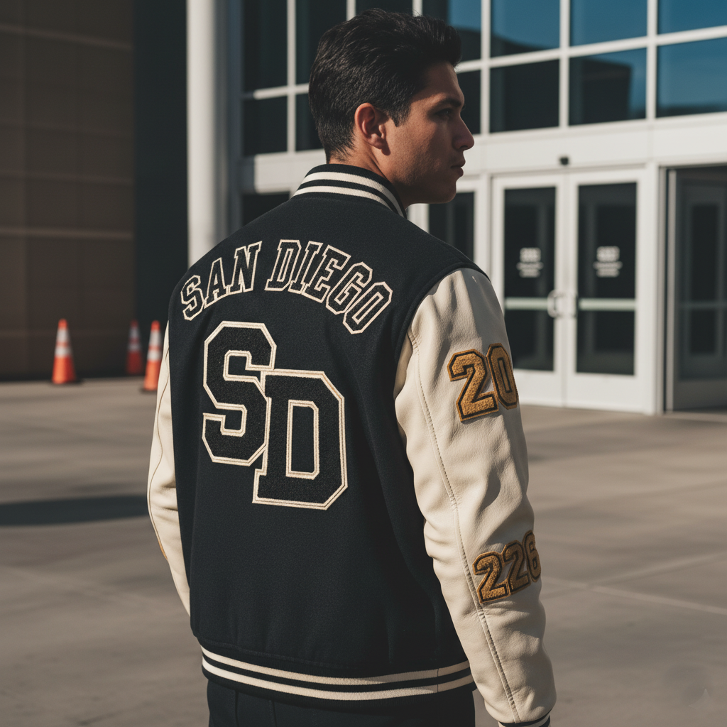 Person wearing a black and beige letterman jacket with 'San Diego' and numbers on it, standing in front of a building.