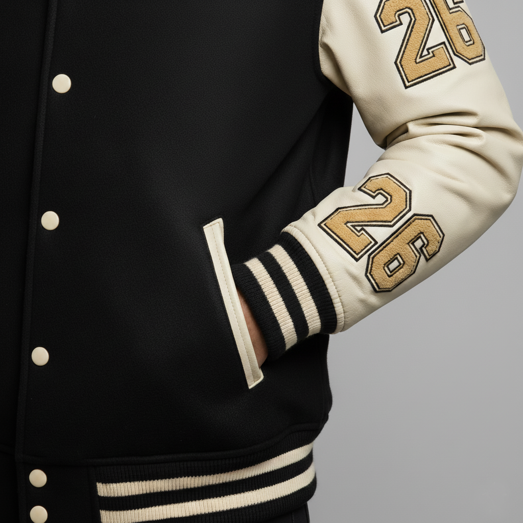 Black and beige varsity jacket with number 26 on a gray background