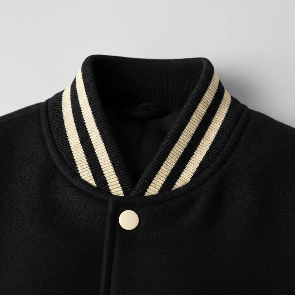 Black jacket with striped collar on a light gray background