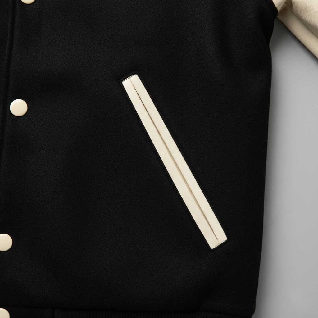 Black jacket with beige buttons and trim on a light gray background