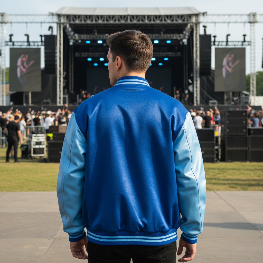 Back view of satin varsity jacket featuring sleek shiny style and lightweight baseball design perfect for fans 