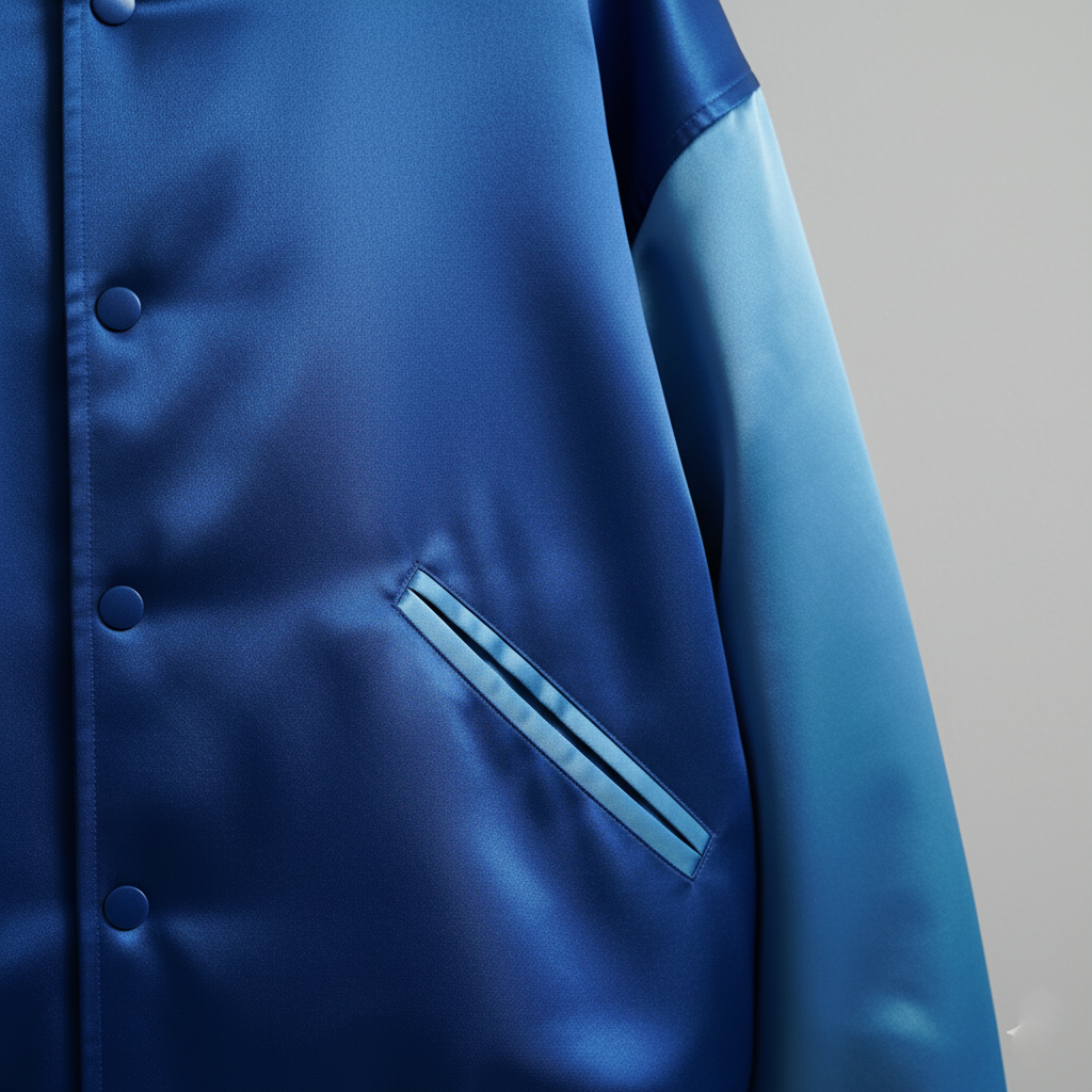 Close-up of a blue jacket with a pocket detail on a gray background 