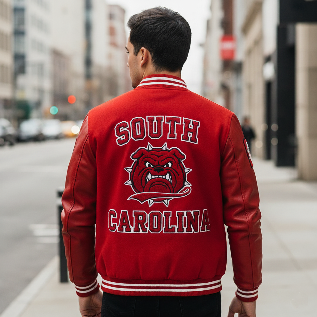 Person wearing a red 'South Carolina' jacket with a bulldog logo on a city street.