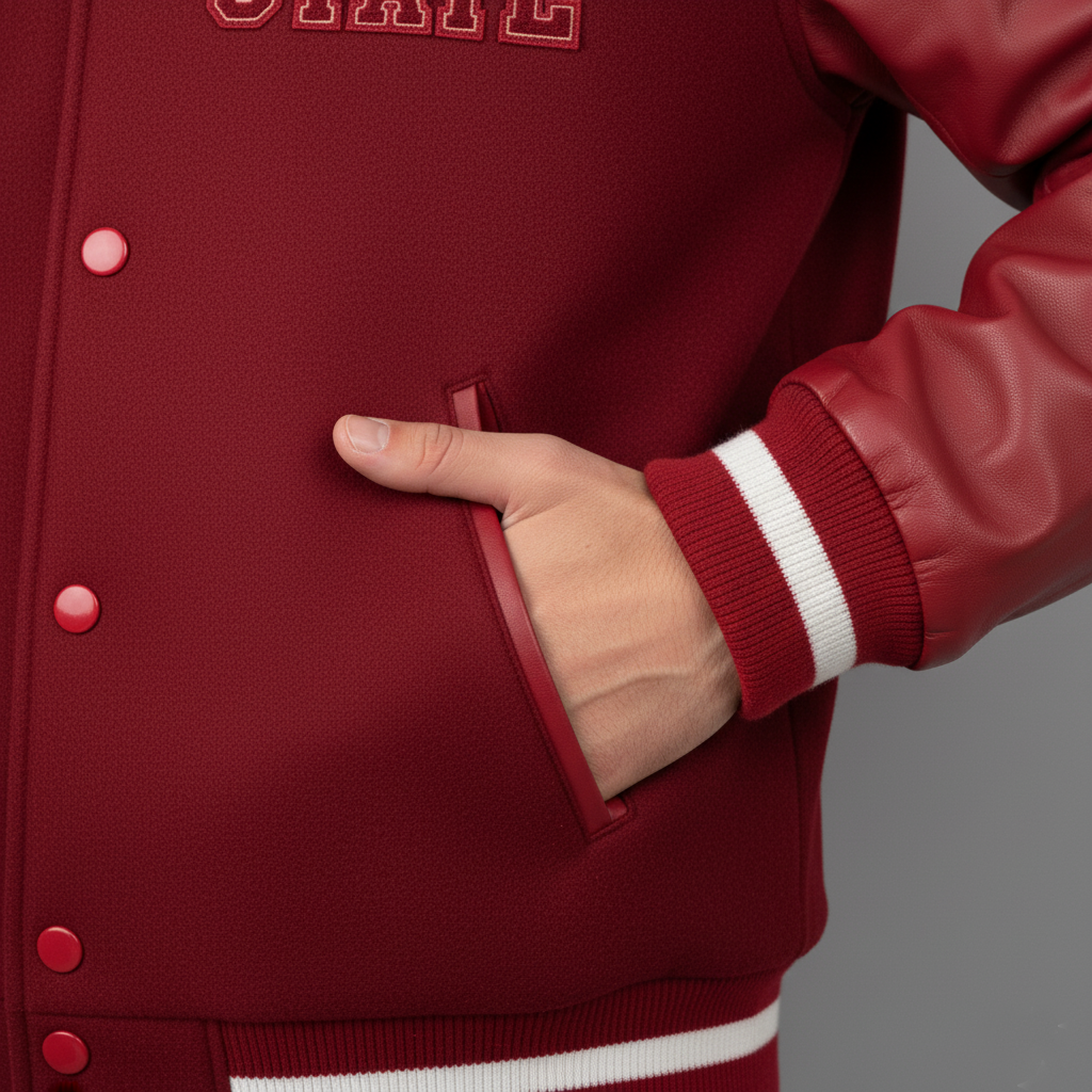 Red varsity jacket with a hand in the pocket against a gray background