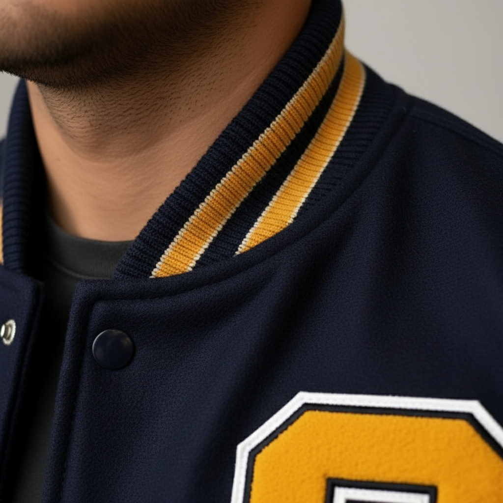 Navy blue varsity jacket with yellow trim and a letter 'S' patch.